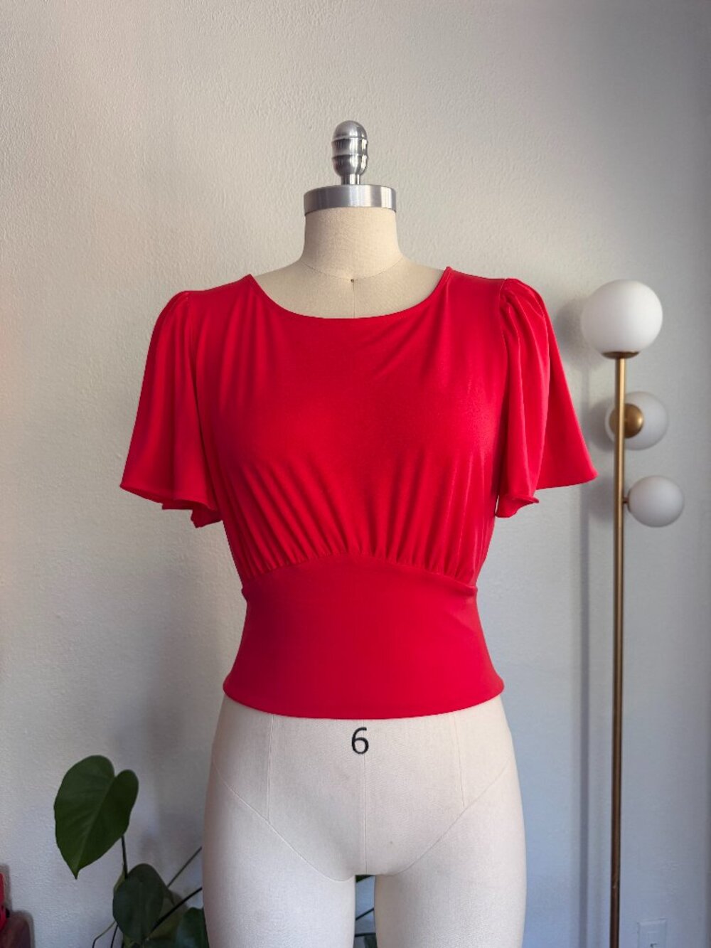 NWT Express Red Cut Out Back Flutter Sleeve Stretch Wrap Waiste Top Size S